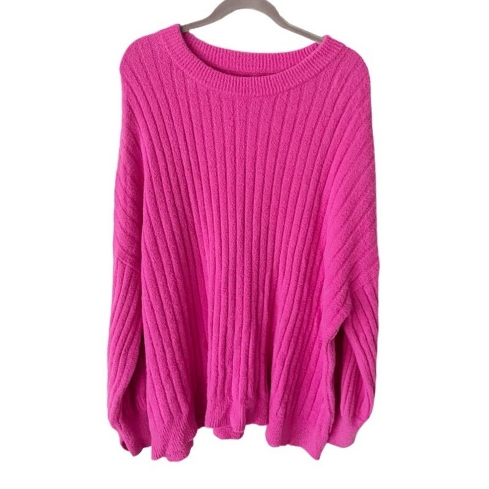 Aerie Hot Pink Ribbed Oversized Crewneck Slouchy Sweater Size XL Cozy Statement